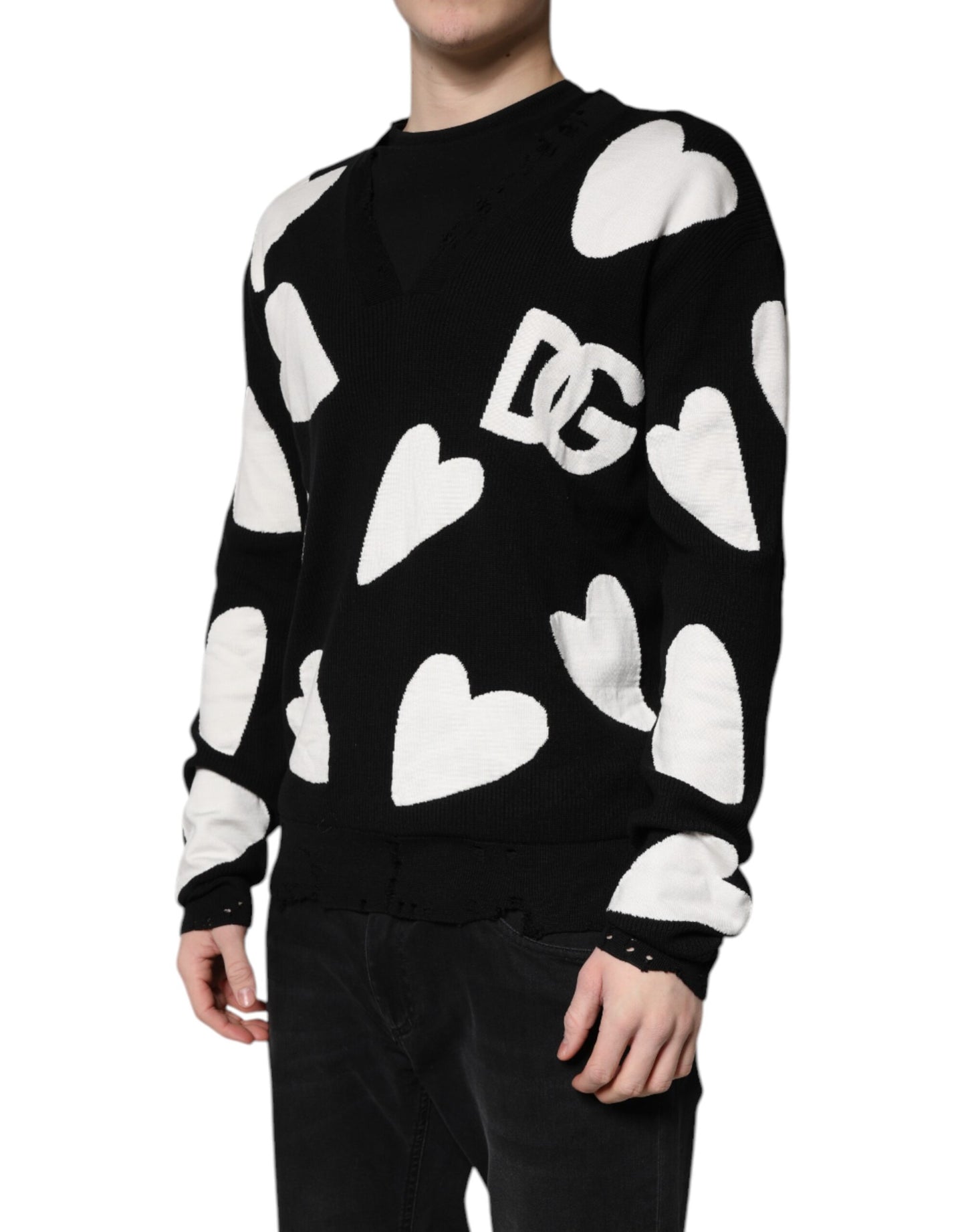 Black Hearts Silk Crew Neck Pullover Sweater