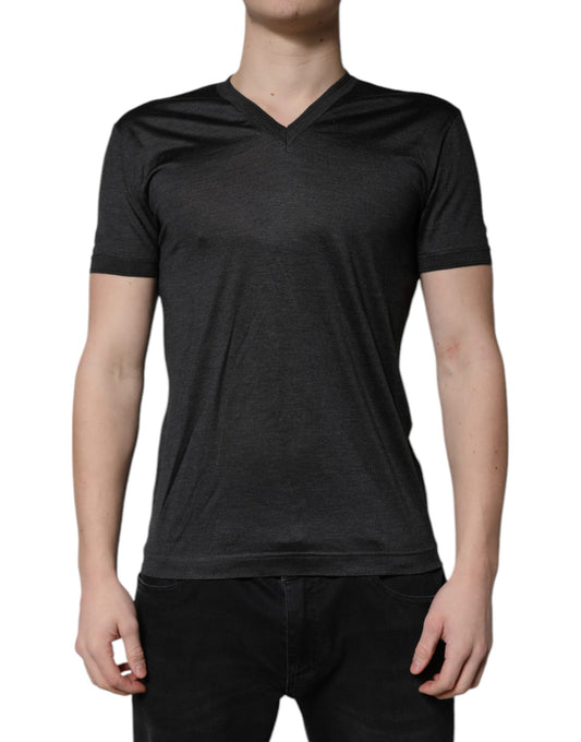 Dark Gray Silk V-neck Short Sleeves T-shirt