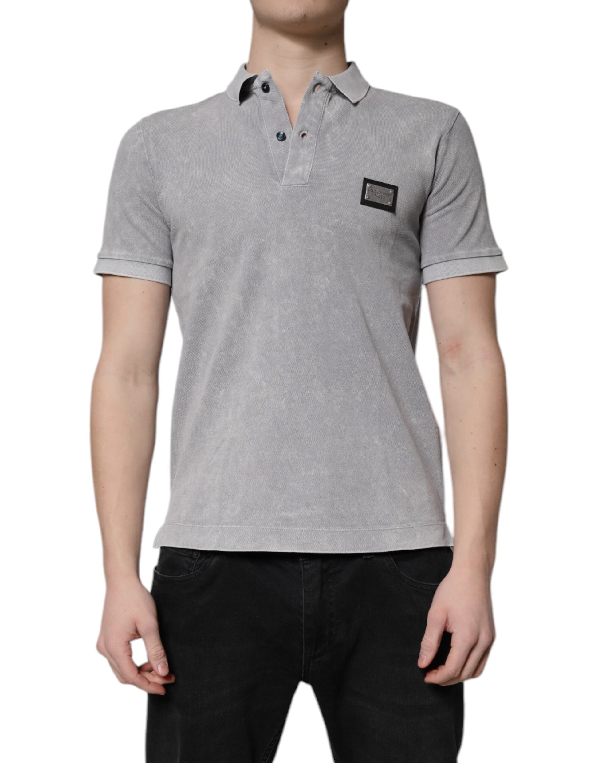 Gray Logo Plaque Cotton Men Polo Shirt T-shirt