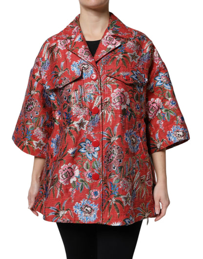 Red Floral Jacquard Button Down Coat Jacket