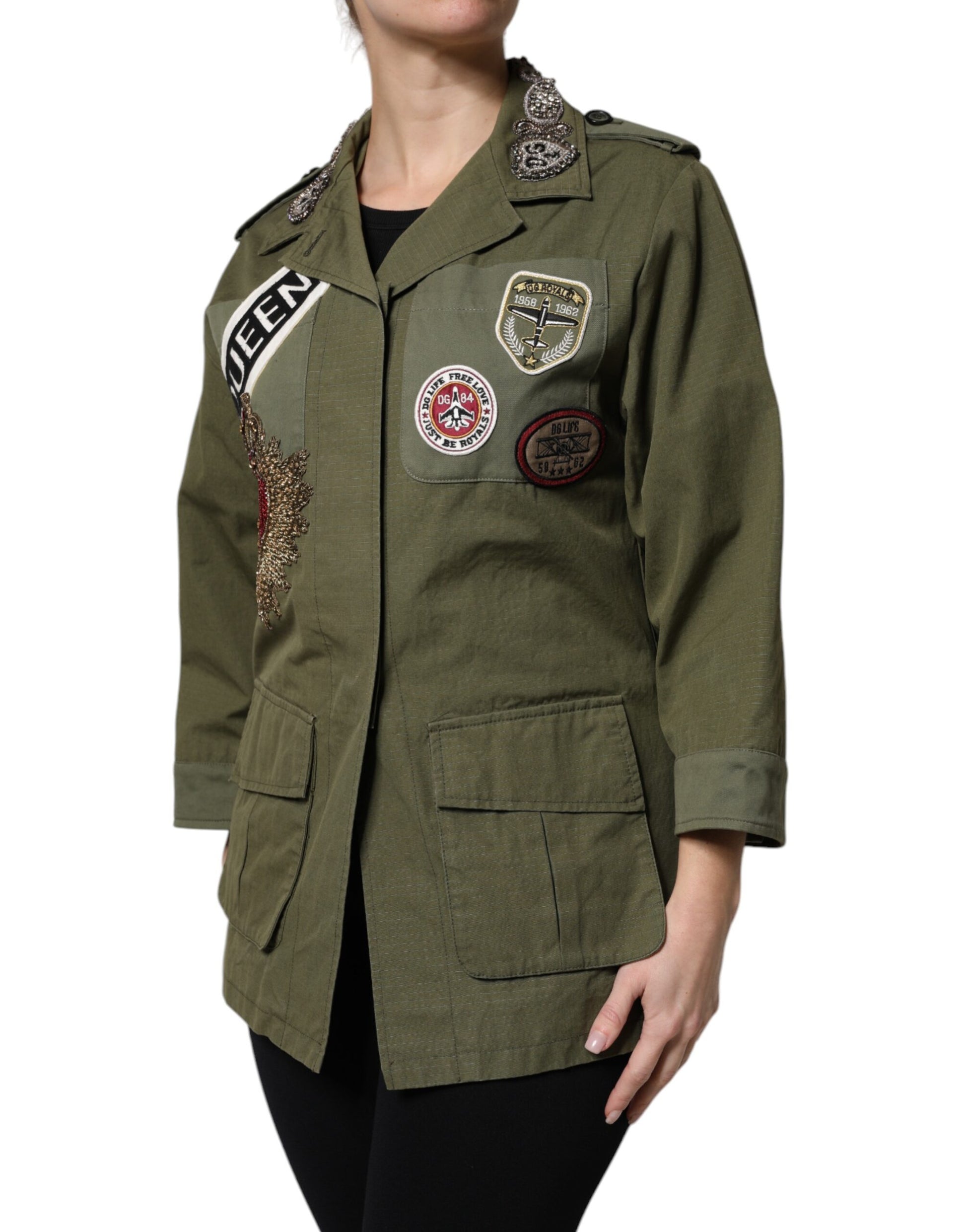 Military Green Queen Embellished Coat Jacket