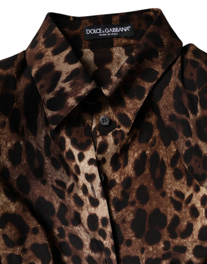 Brown Leopard Silk Button Down Coat Jacket