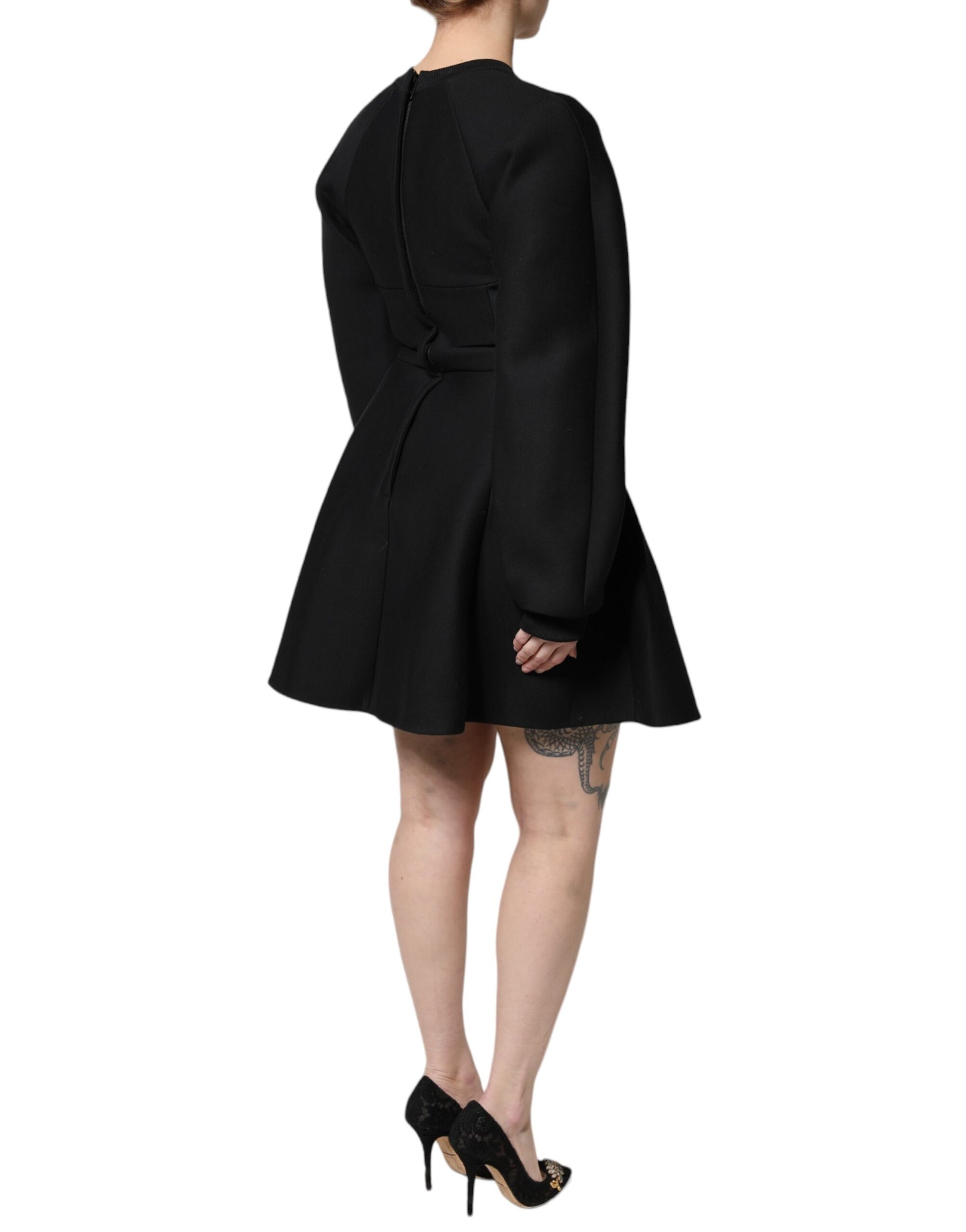 Black Cotton Long Sleeves A-line Mini Dress