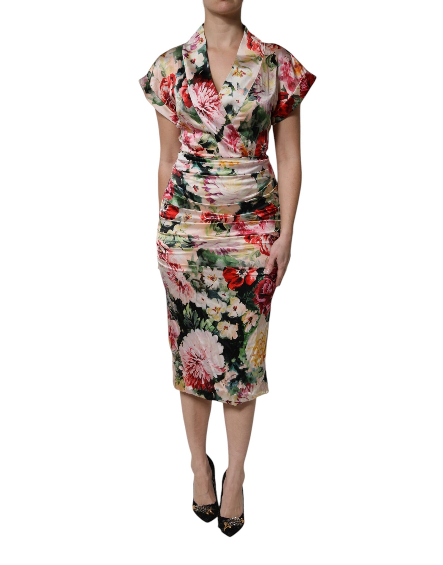 Multicolor Floral Short Sleeves Sheath Midi Dress