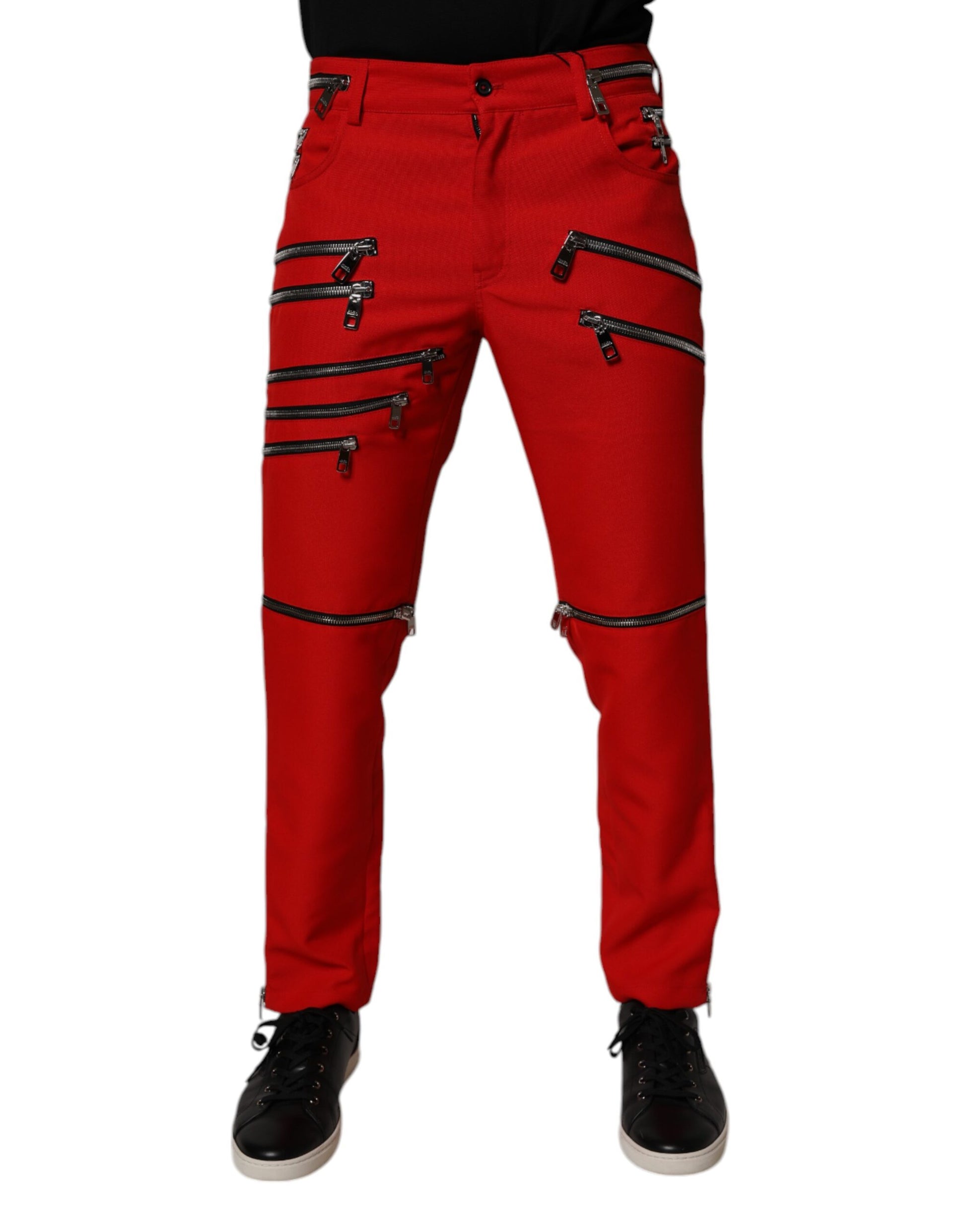 Red Zipper Embellished Straight Pants