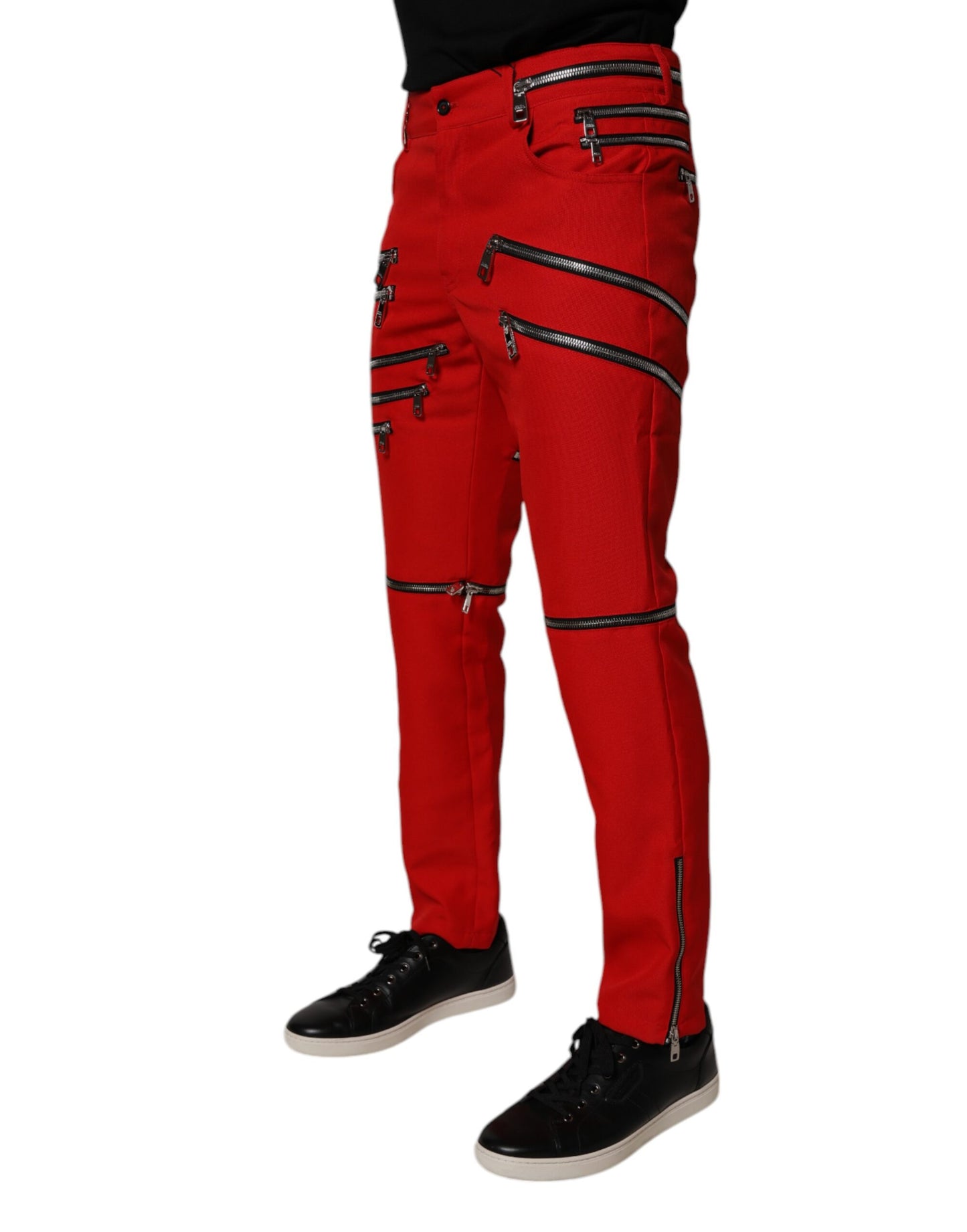 Red Zipper Embellished Straight Pants