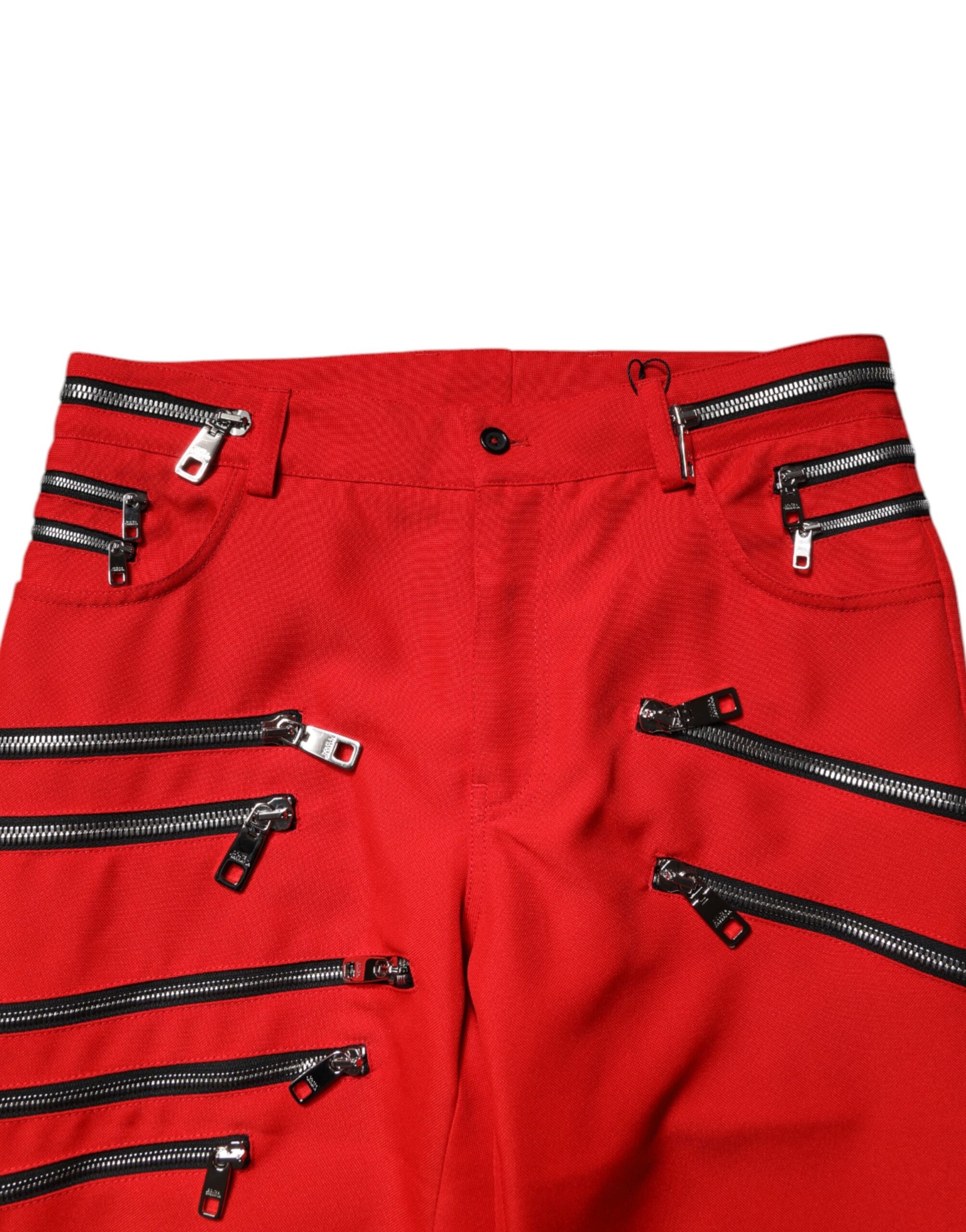 Red Zipper Embellished Straight Pants