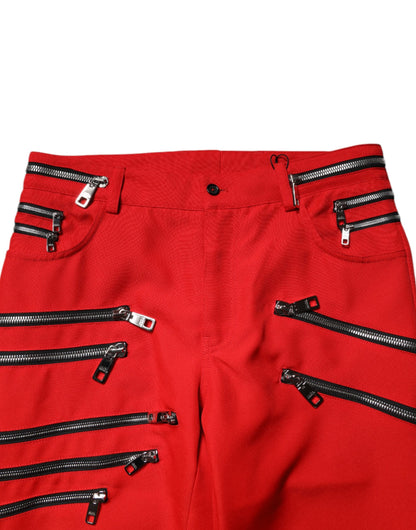 Red Zipper Embellished Straight Pants