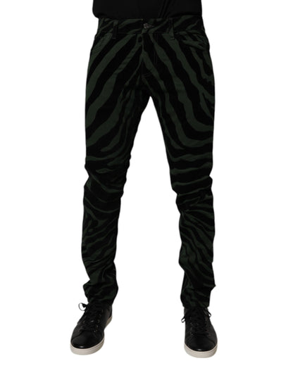 Black Green Stripes Cotton Skinny Denim Jeans