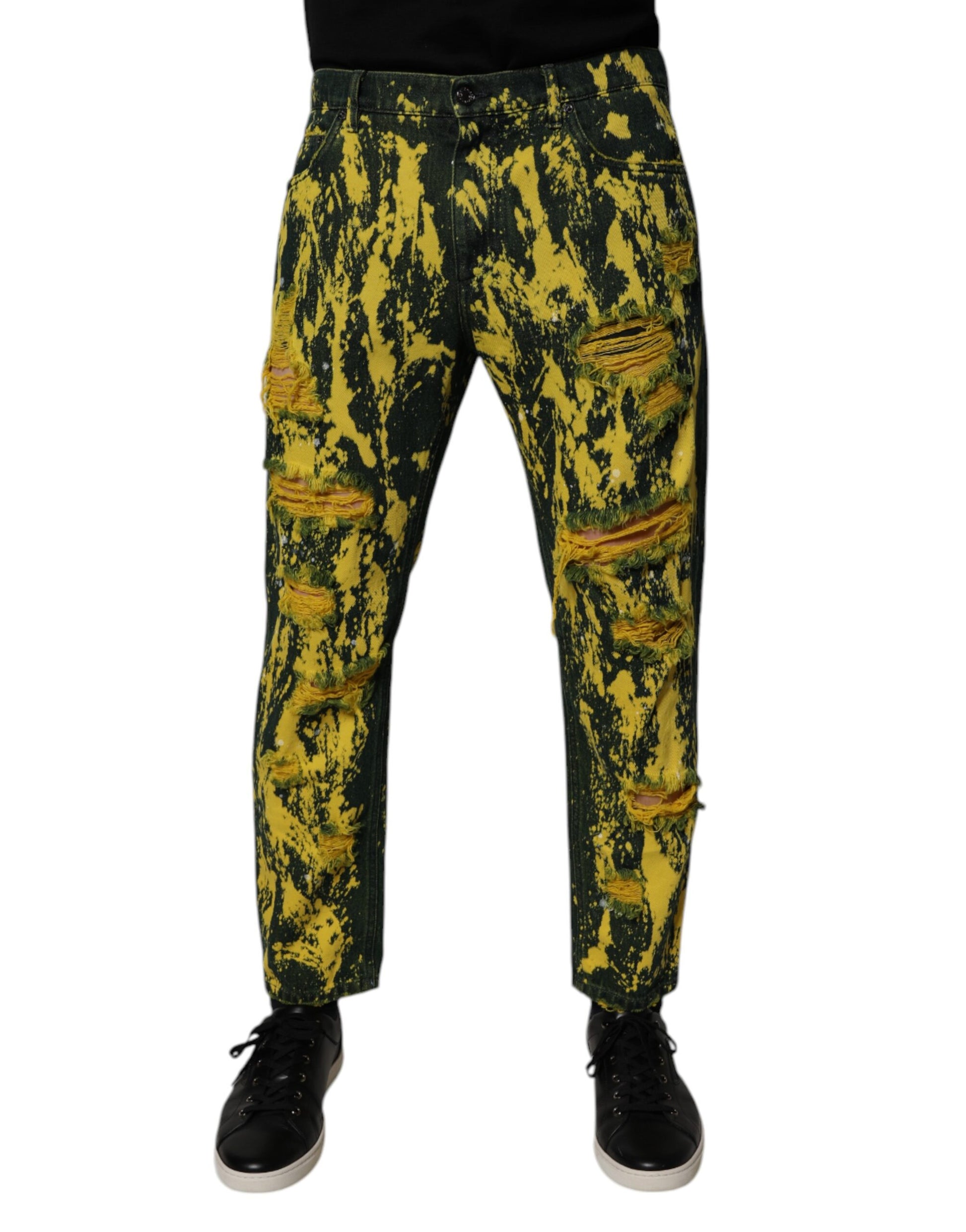 Black Yellow Tie Dye Tattered Skinny Men Denim Jeans