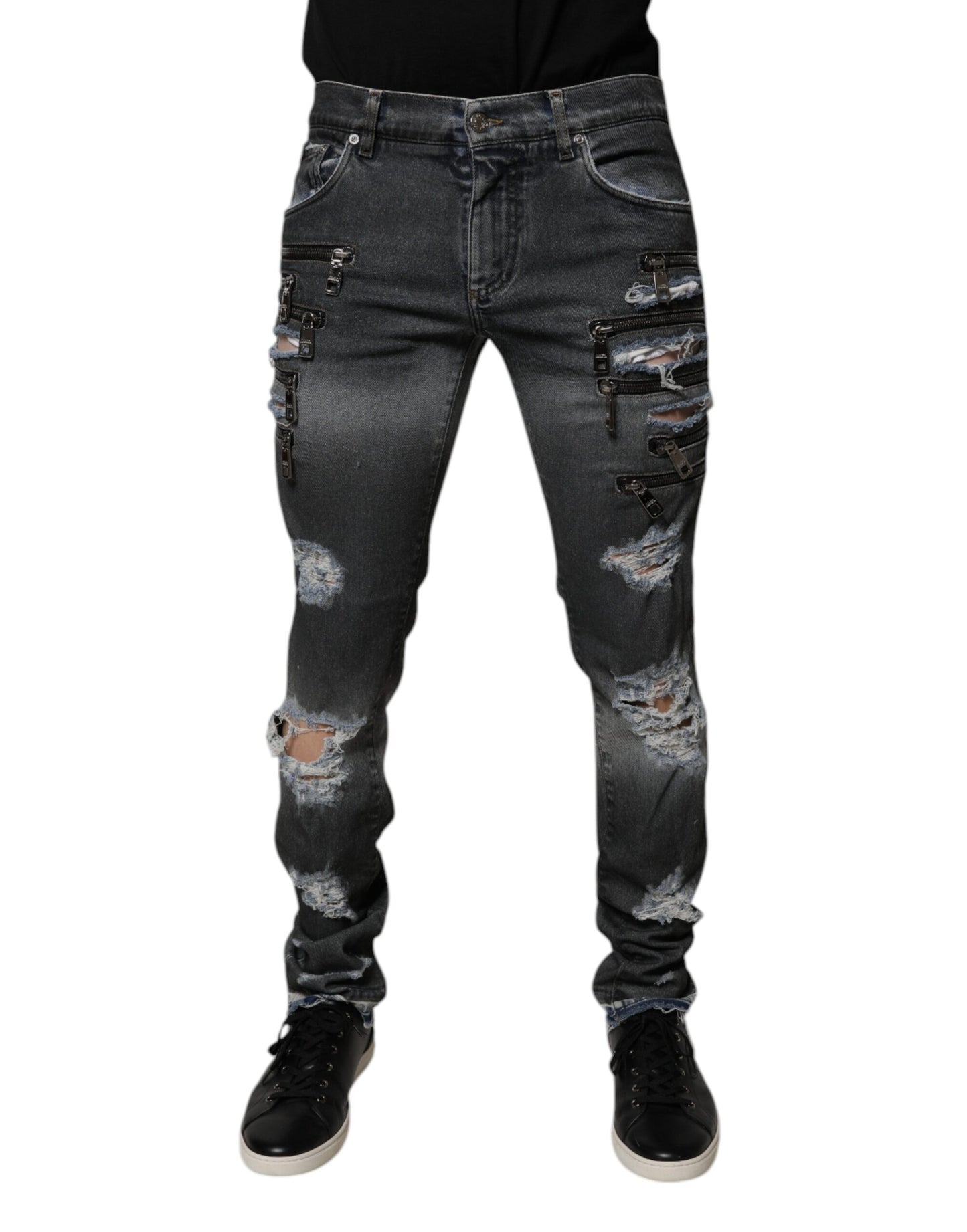 Dark Gray Tattered Cotton Skinny Denim Jeans