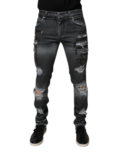 Dark Gray Tattered Cotton Skinny Denim Jeans