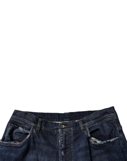 Dark Blue Tattered Wide Leg Men Denim Jeans
