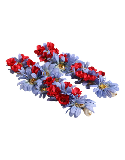 Gold Tone Brass Floral Crystal Clip On Dangling Earrings