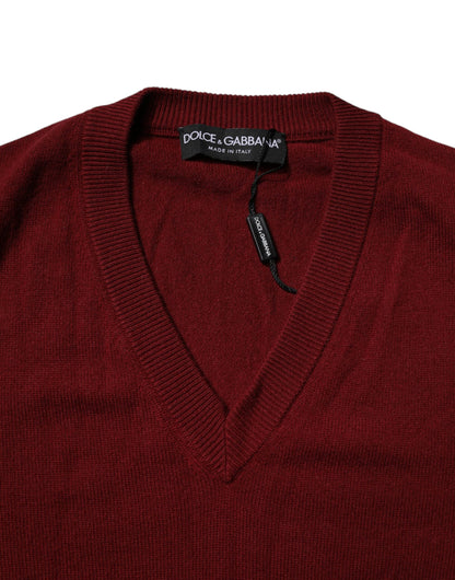 Maroon Cashmere V-neck Men Pullover Sweater