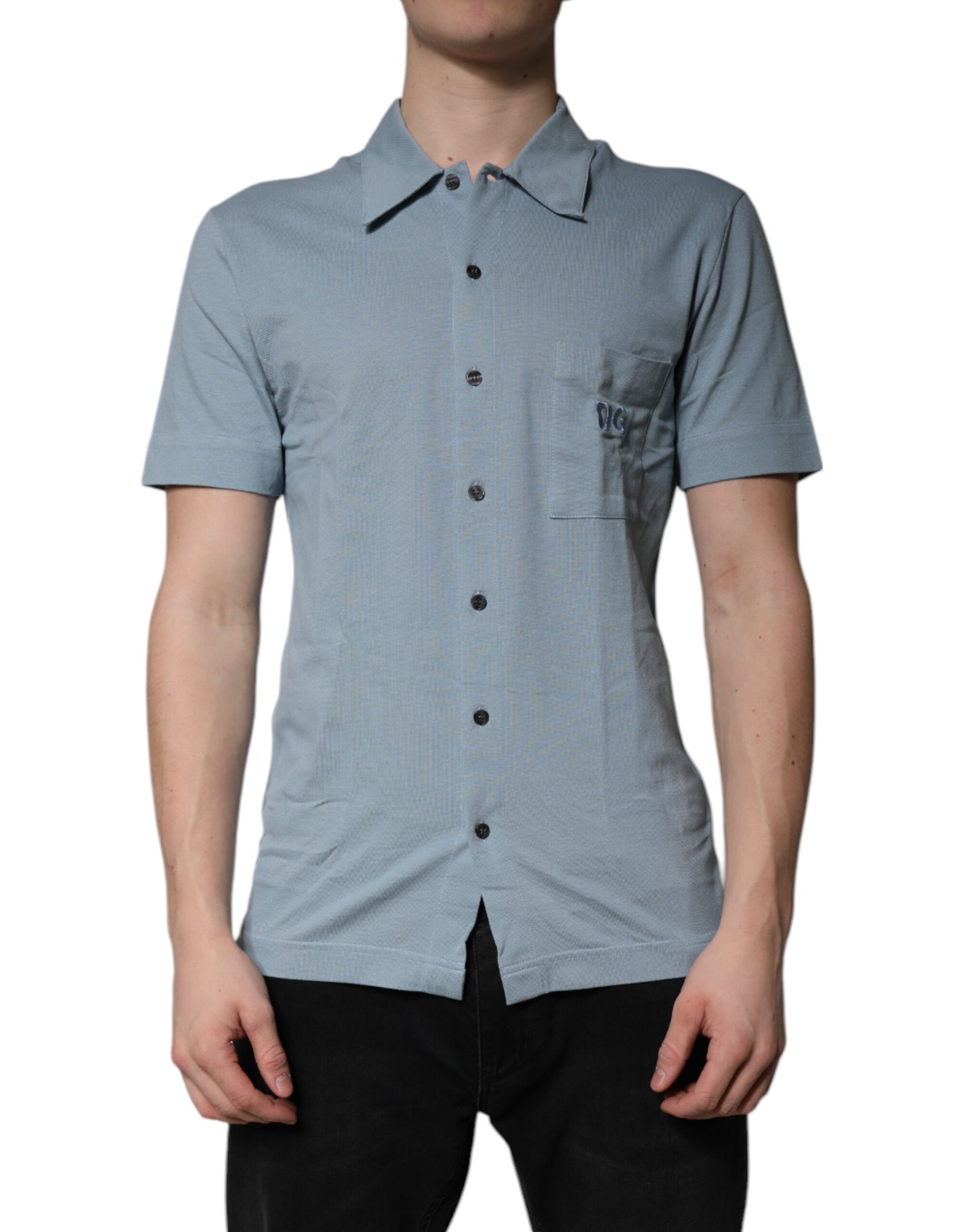 Blue Cotton Button Down Casual Men Polo Shirt