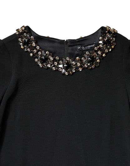 Black Crystal Embellished Round Neck Mini Dress