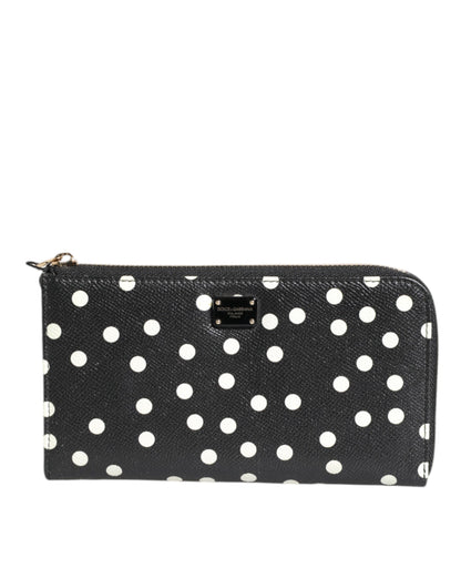 Black White Dotted Leather Zip Around Continental Wallet
