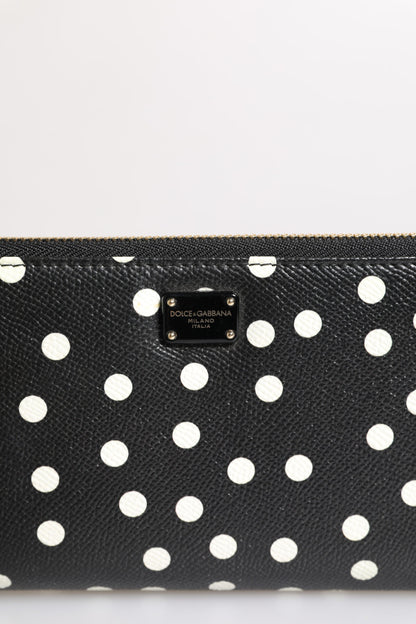 Black White Dotted Leather Zip Around Continental Wallet
