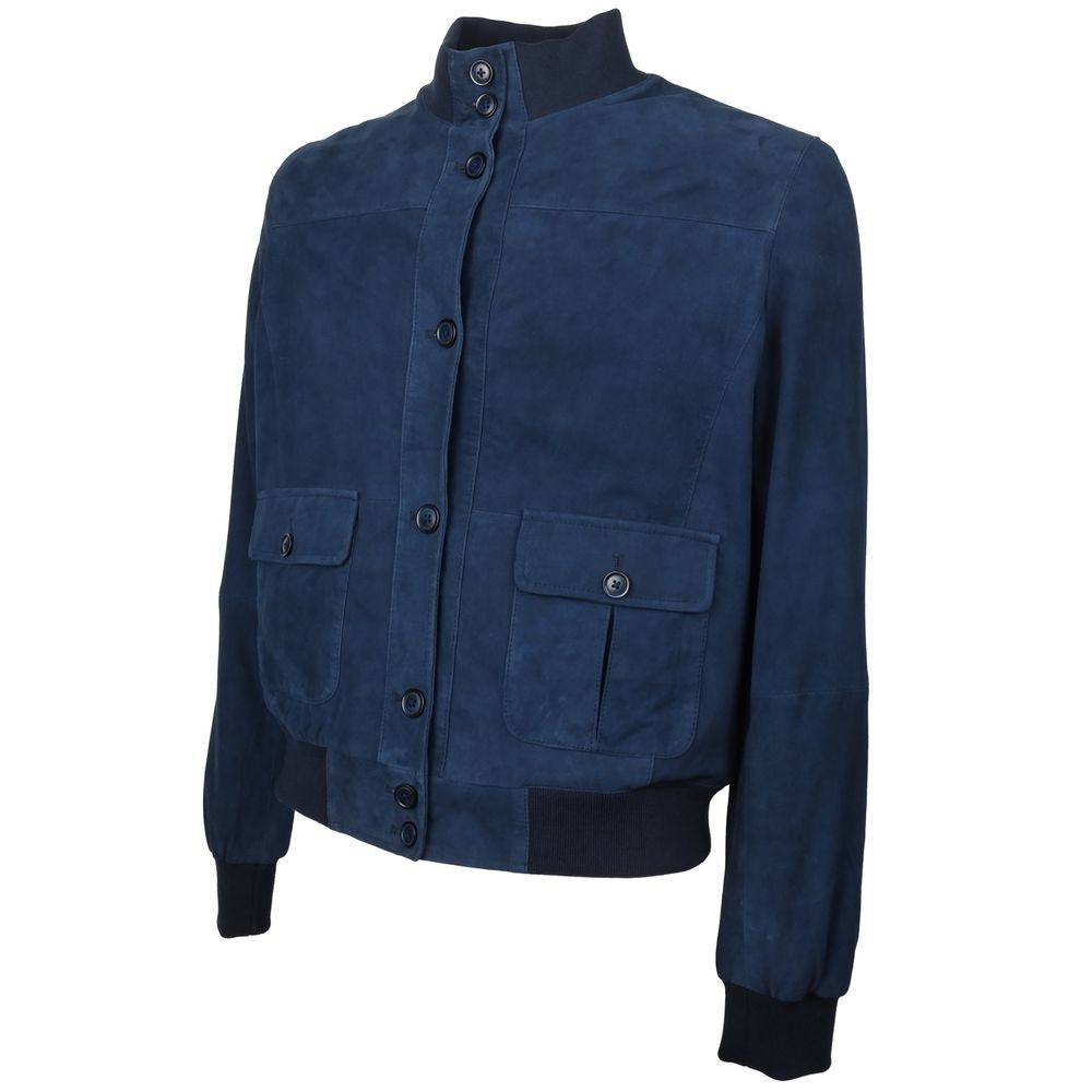 Blue Calfskin Men Bomber Jacket