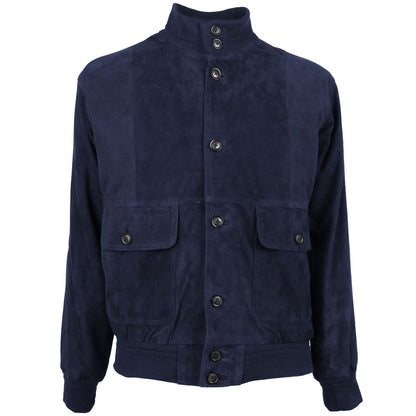 Blue Calfskin Men Bomber Jacket
