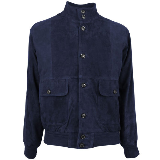 Blue Calfskin Men Bomber Jacket