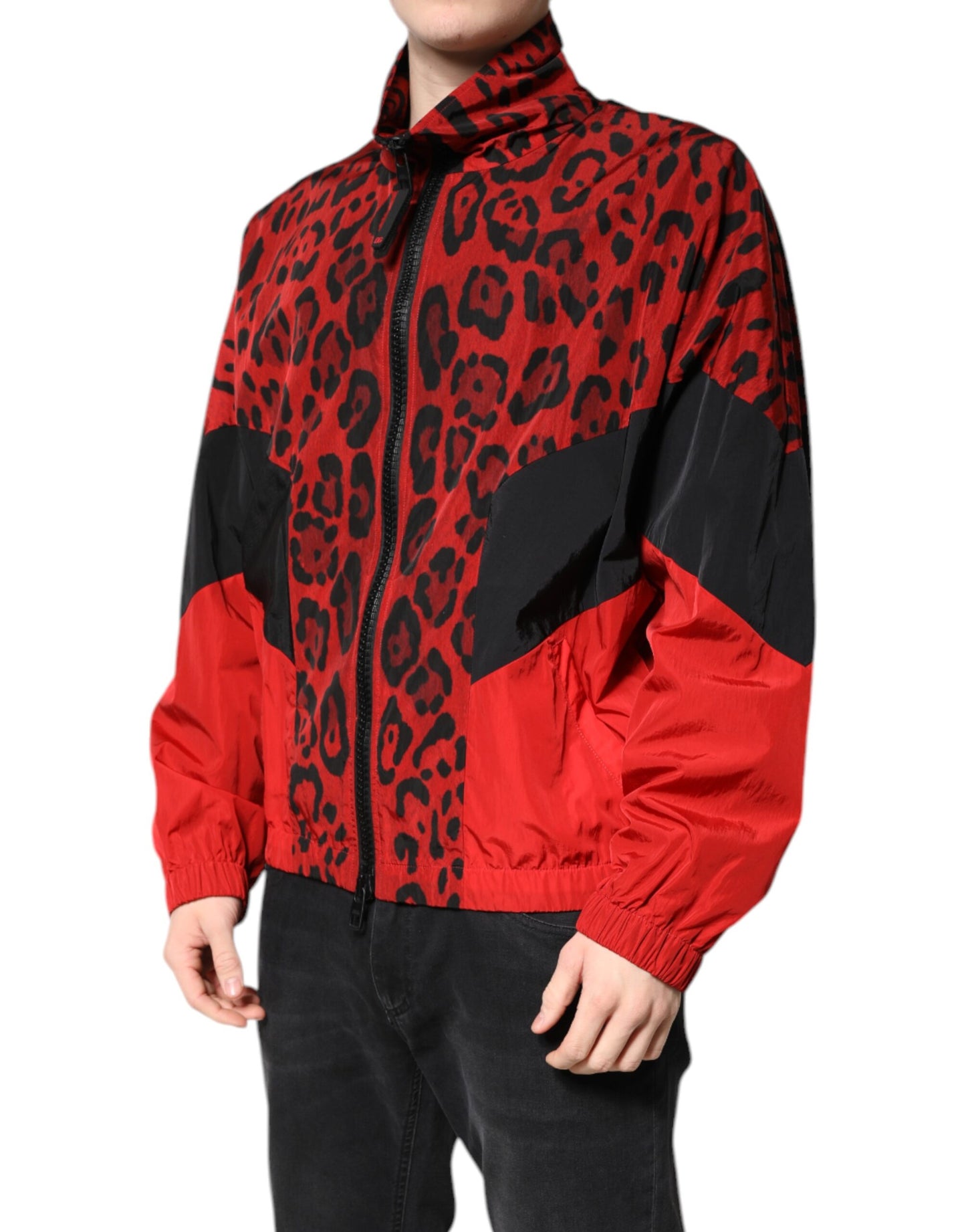 Red Leopard Nylon Bomber Full Zip Jacket