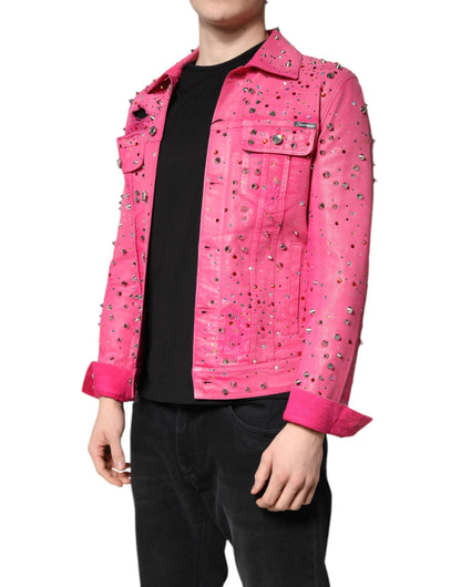 Pink Crystal Embellished Cotton Denim Jacket