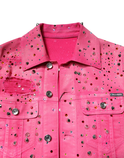 Pink Crystal Embellished Cotton Denim Jacket