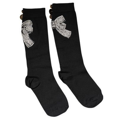 Black Knit Floral Crystal Embellishment Socks