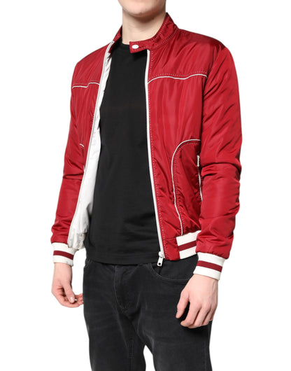 Red White Nylon Full Zip Men Bomber Jacket