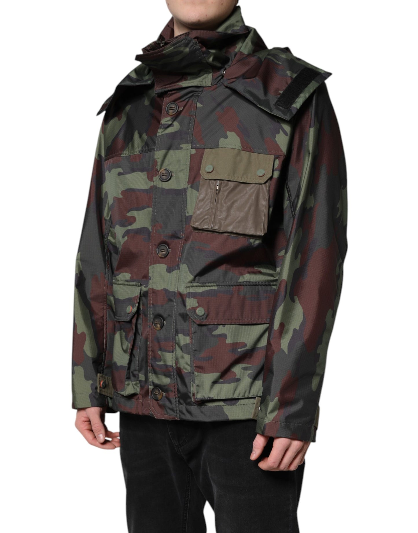 Multicolor Camouflage Button Hooded Jacket