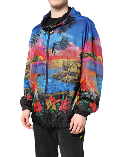 Multicolor Print Hooded Windbreaker Jacket