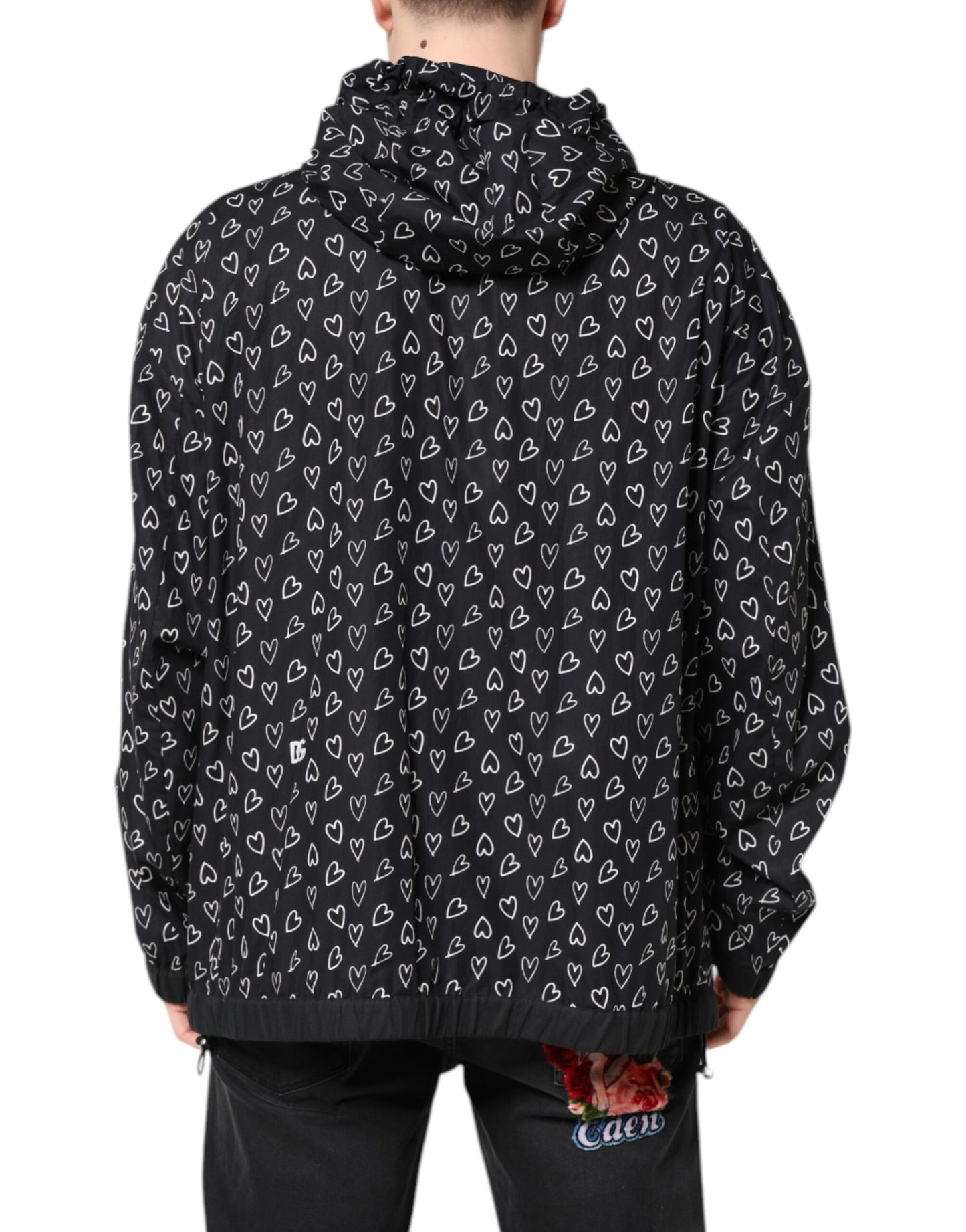 Black Heart Print Hooded Windbreaker Jacket