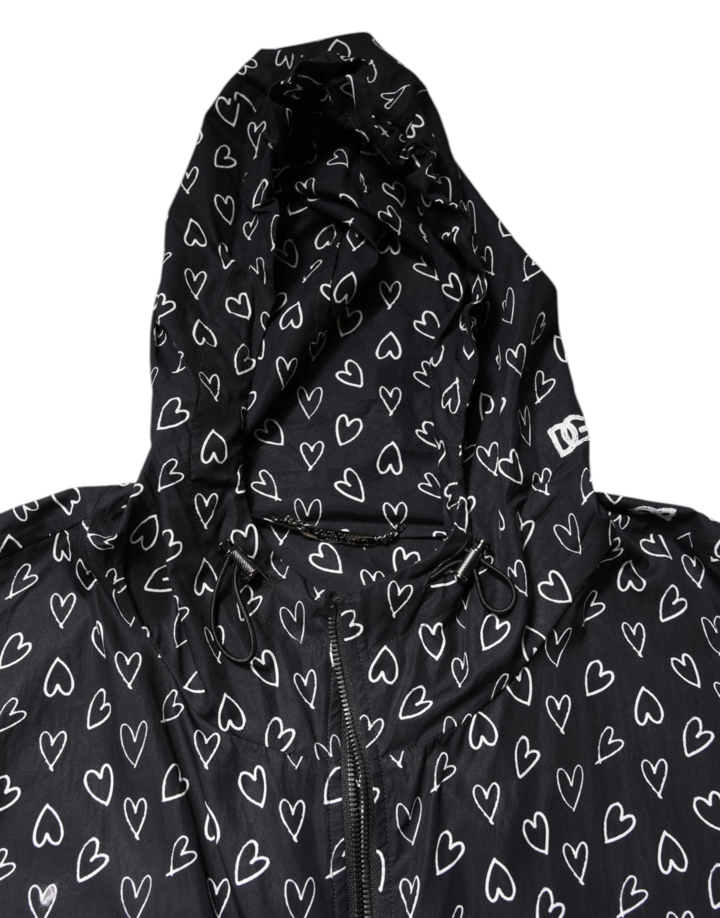Black Heart Print Hooded Windbreaker Jacket