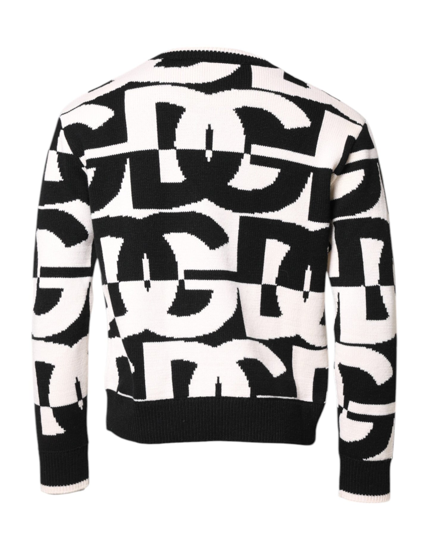 Black White Knit Logo Print Pullover Sweater