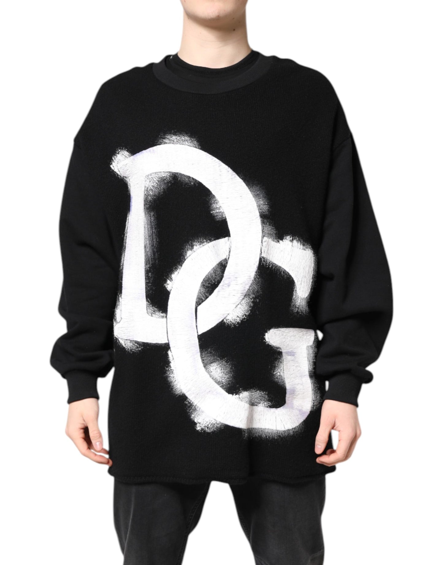 Black Cotton Logo Print Men Pullover Sweater