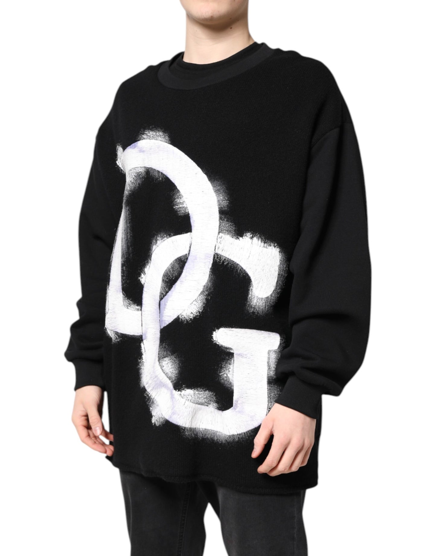 Black Cotton Logo Print Men Pullover Sweater