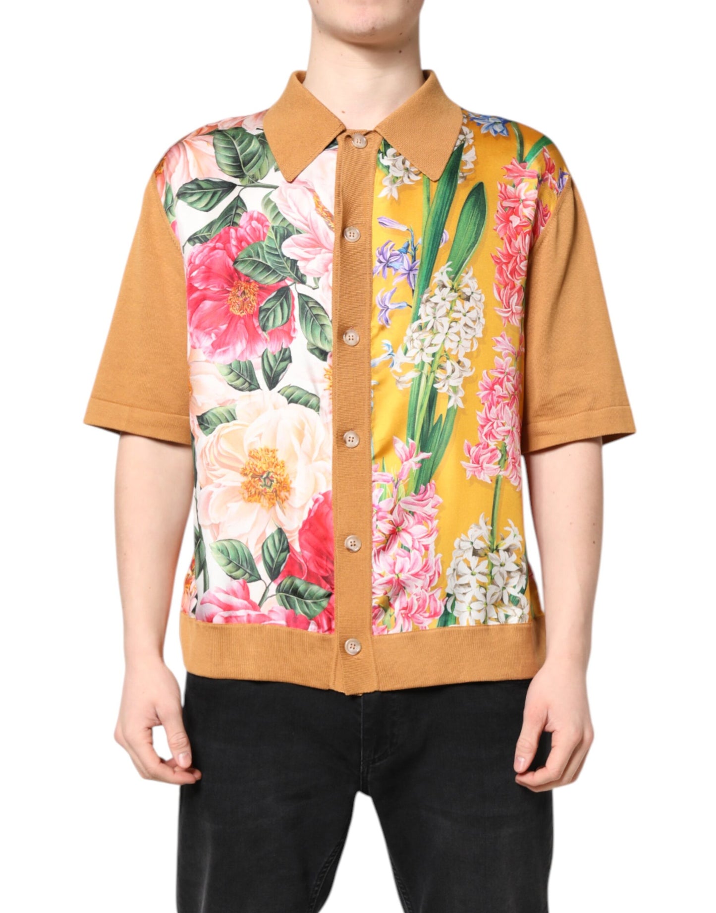 Brown Floral Collared Short Sleeve T-shirt