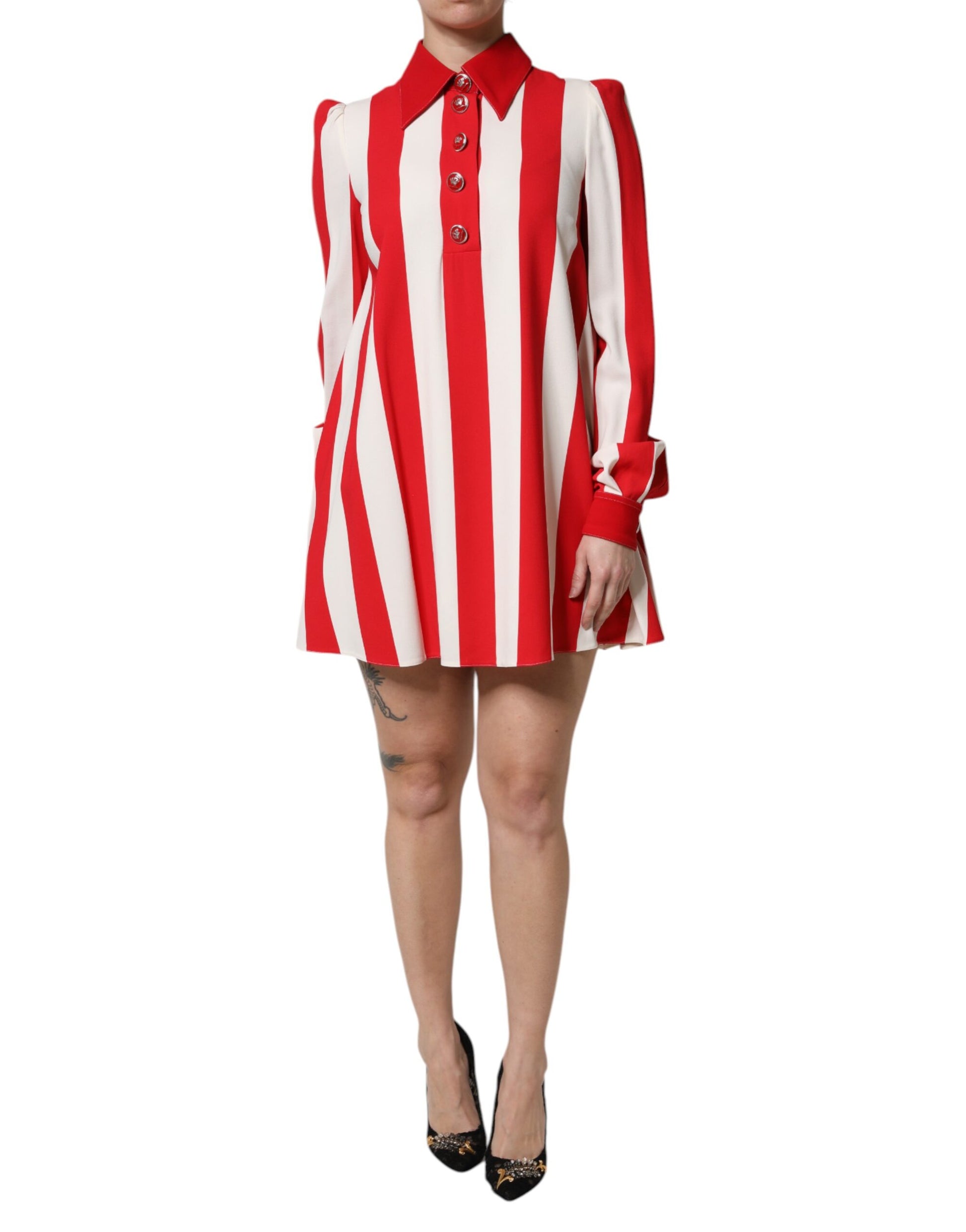 White Red Stripes Long Sleeves Mini Dress