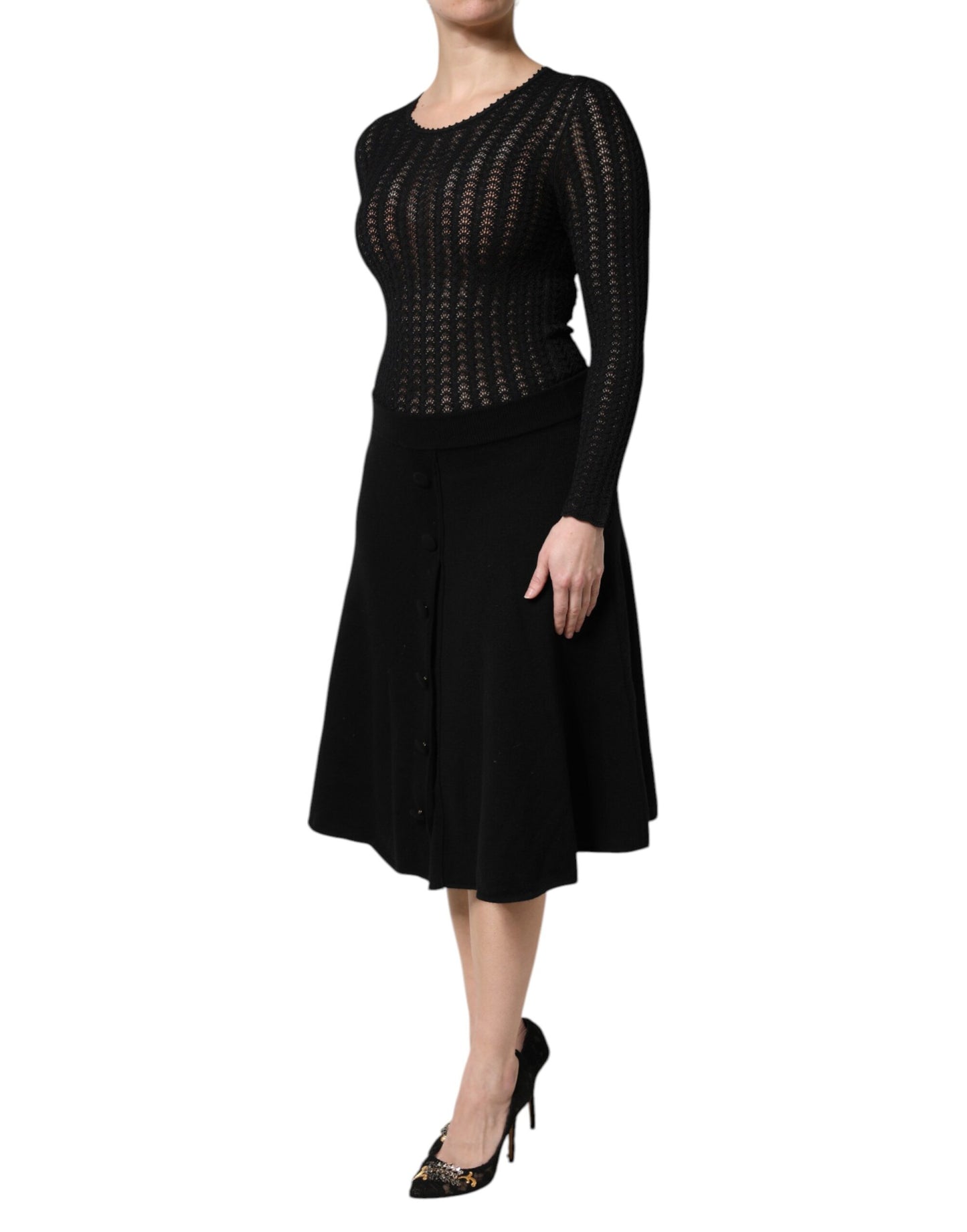 Black Cashmere Long Sleeves A-line Midi Dress