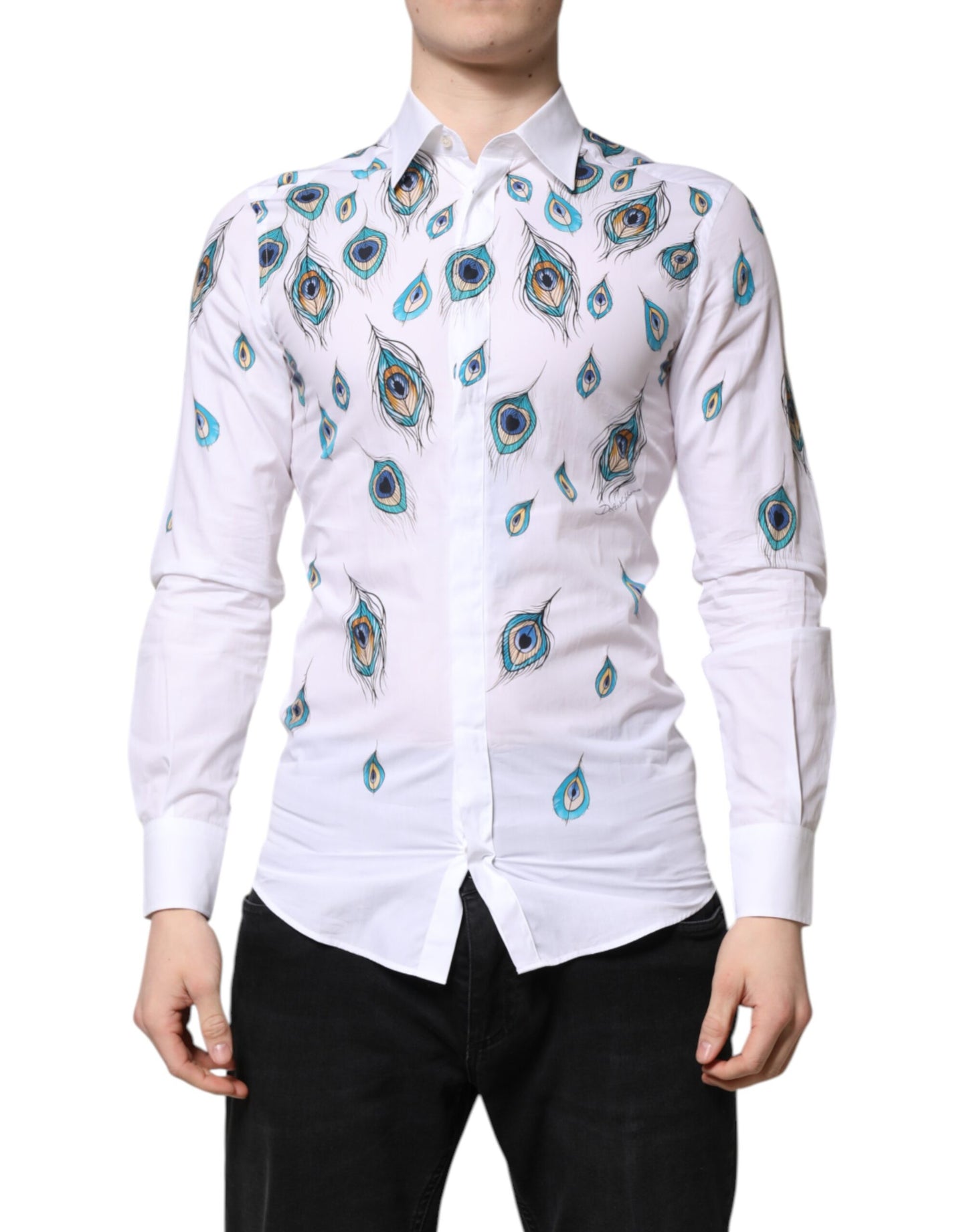 White Cotton Feather Print GOLD Dress Shirt
