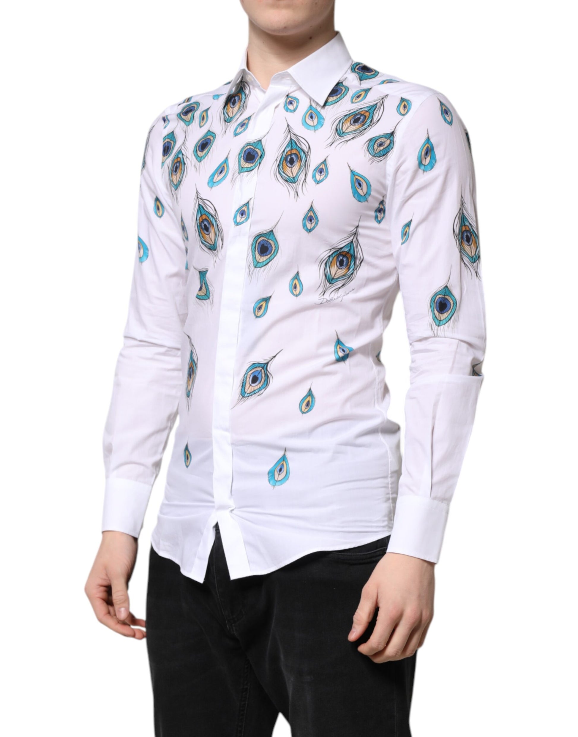 White Cotton Feather Print GOLD Dress Shirt