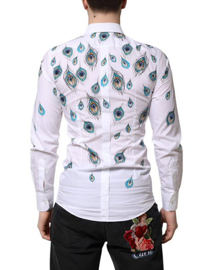 White Cotton Feather Print GOLD Dress Shirt