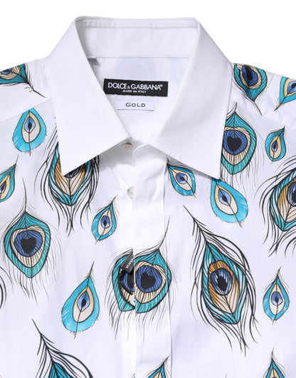 White Cotton Feather Print GOLD Dress Shirt