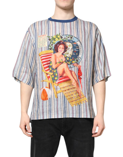 Multicolor Striped Pin Up Linen Round Neck T-shirt