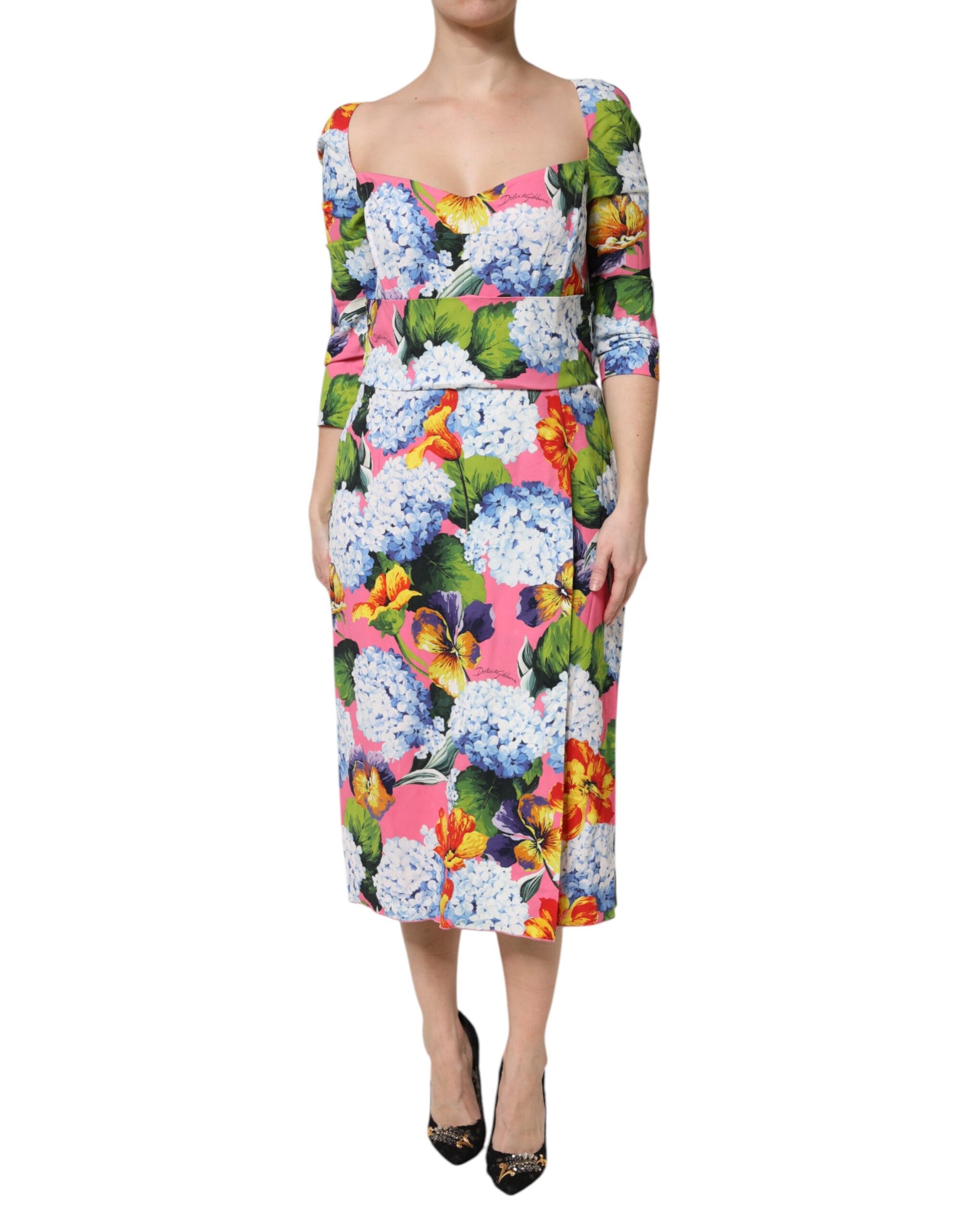 Multicolor Floral Pleated Sheath Midi  Dress