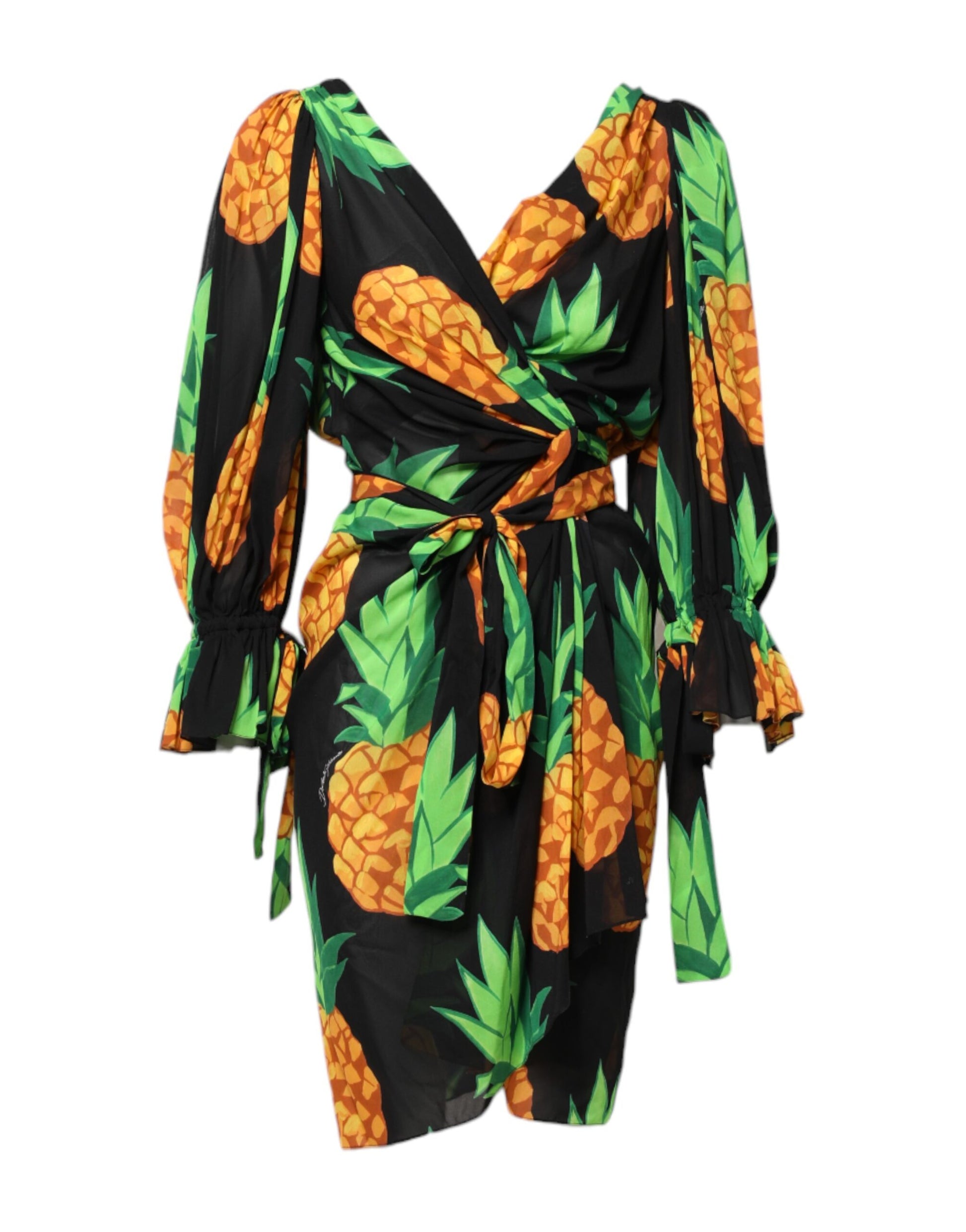 Black Pineapple Print Silk Wrap Mini Dress