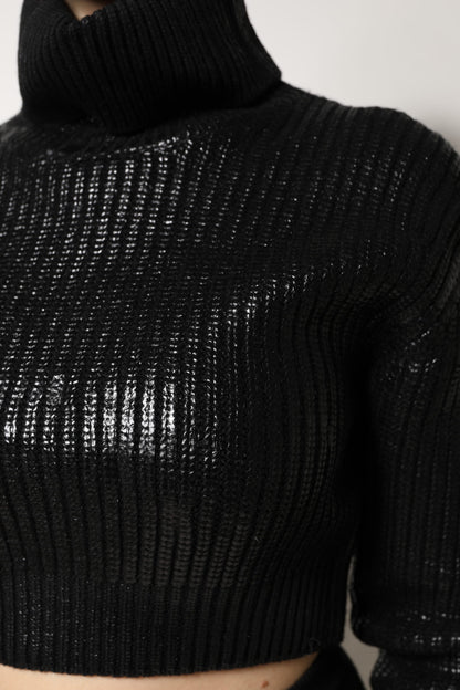 Black Wool Long Sleeve Turtleneck Cropped Top