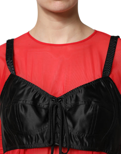 Red Black Bustier Detailing Long Sleeves Top